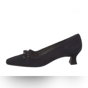 Stuart Weitzman Elegant Black Perforated Suede Kitten Heels With Bow Detail